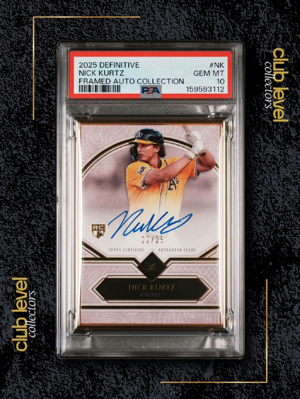 2025 Topps Definitive Collection Gold Frame Auto Nick Kurtz #NK RC /25 PSA 10